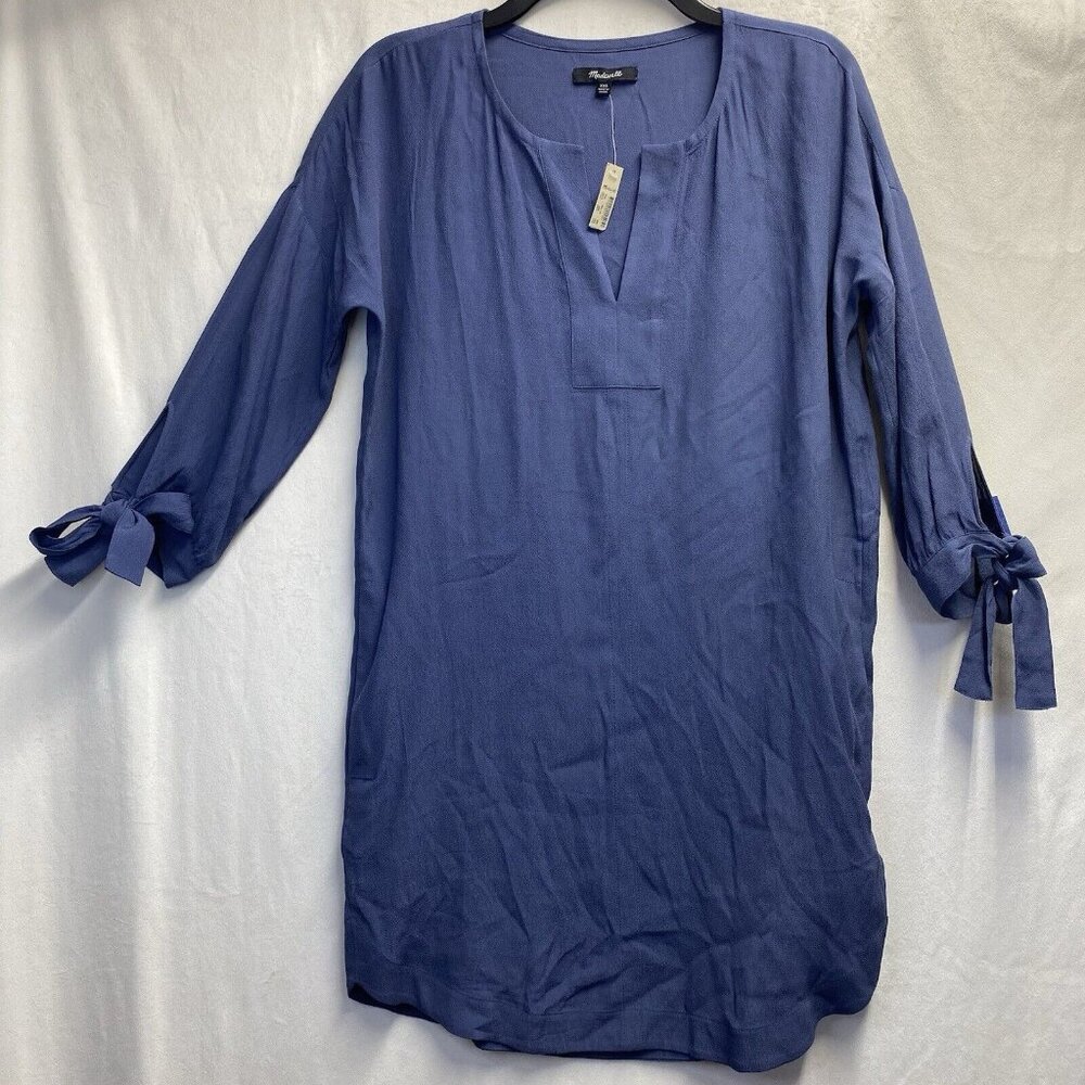 Madewell V-Neck 3/4 Tie Sleeve Mini Tunic Dress Women XXS Indigo Side PocketsNew